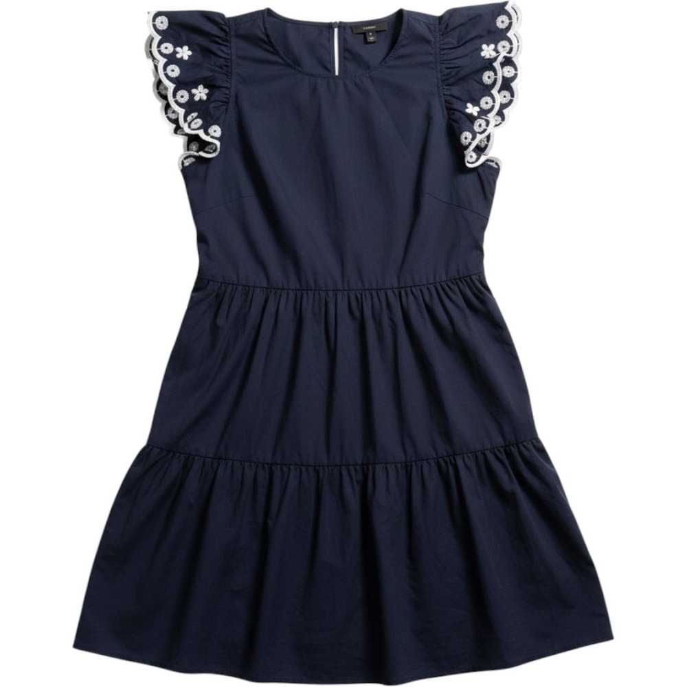 J.Crew Tiered Mini Dress M Navy Blue Eyelet Flutter Sleeve Poplin NWT